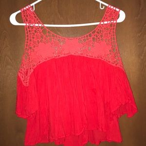 Crochet Detailed, Cold Shoulder Red Crop Top